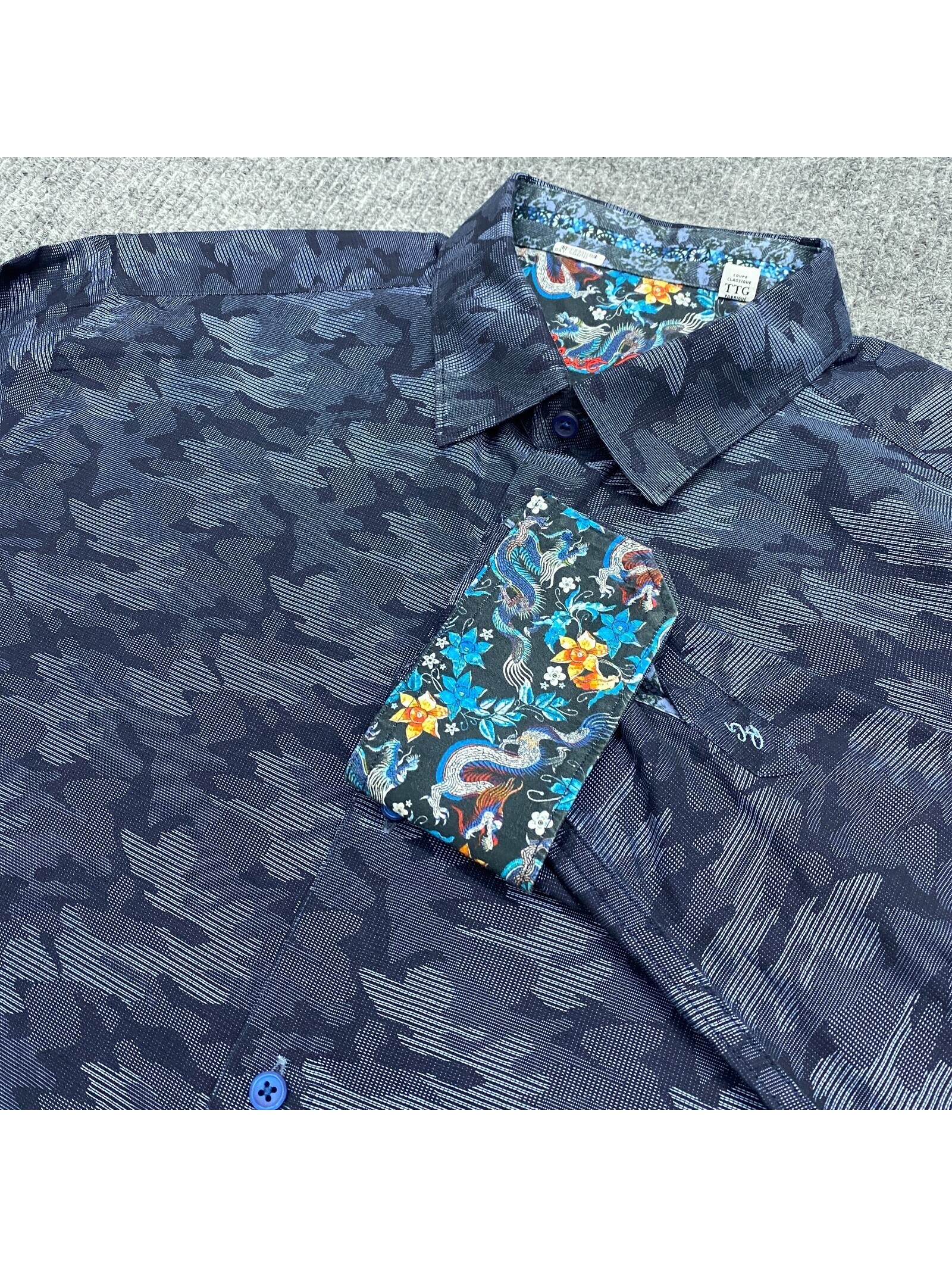 Robert Graham Shirt Mens 2xl Blue Camo Aop Floral Dragon Long Sleeve Button Up
